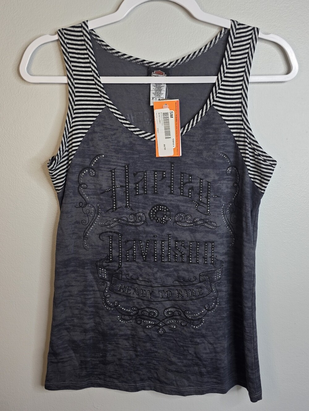 Harley-Davidson Black and White Striped Trim Tank with Studded Logo Sz S Nwt